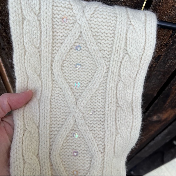 Wool & Angora Blend Cable Knit Fringed Scarf In Cream With Sequins Accents - Picture 9 of 14